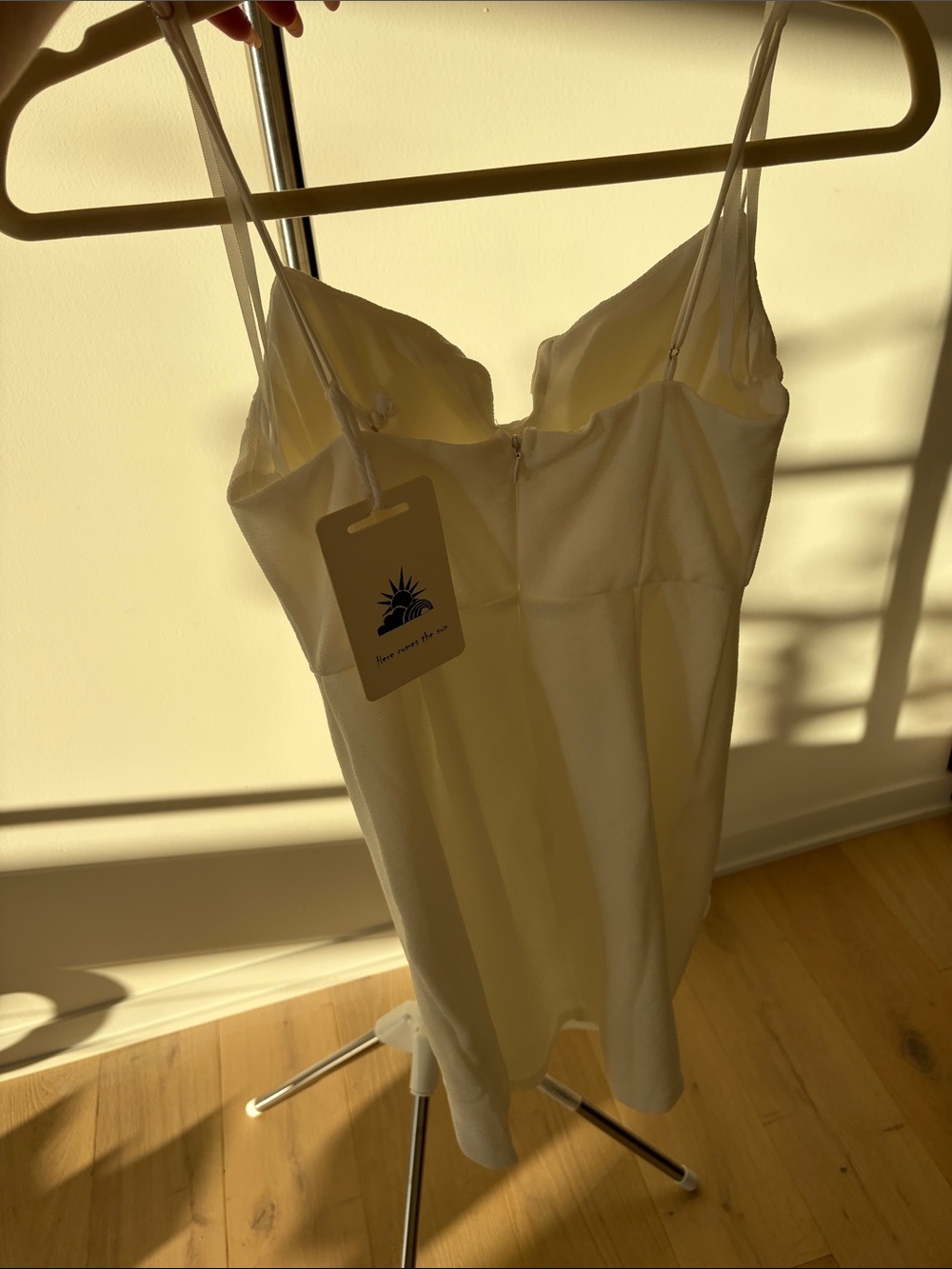 White Spaghetti-Strap Mini Dress with Front Ruffle - Picture 5 of 5